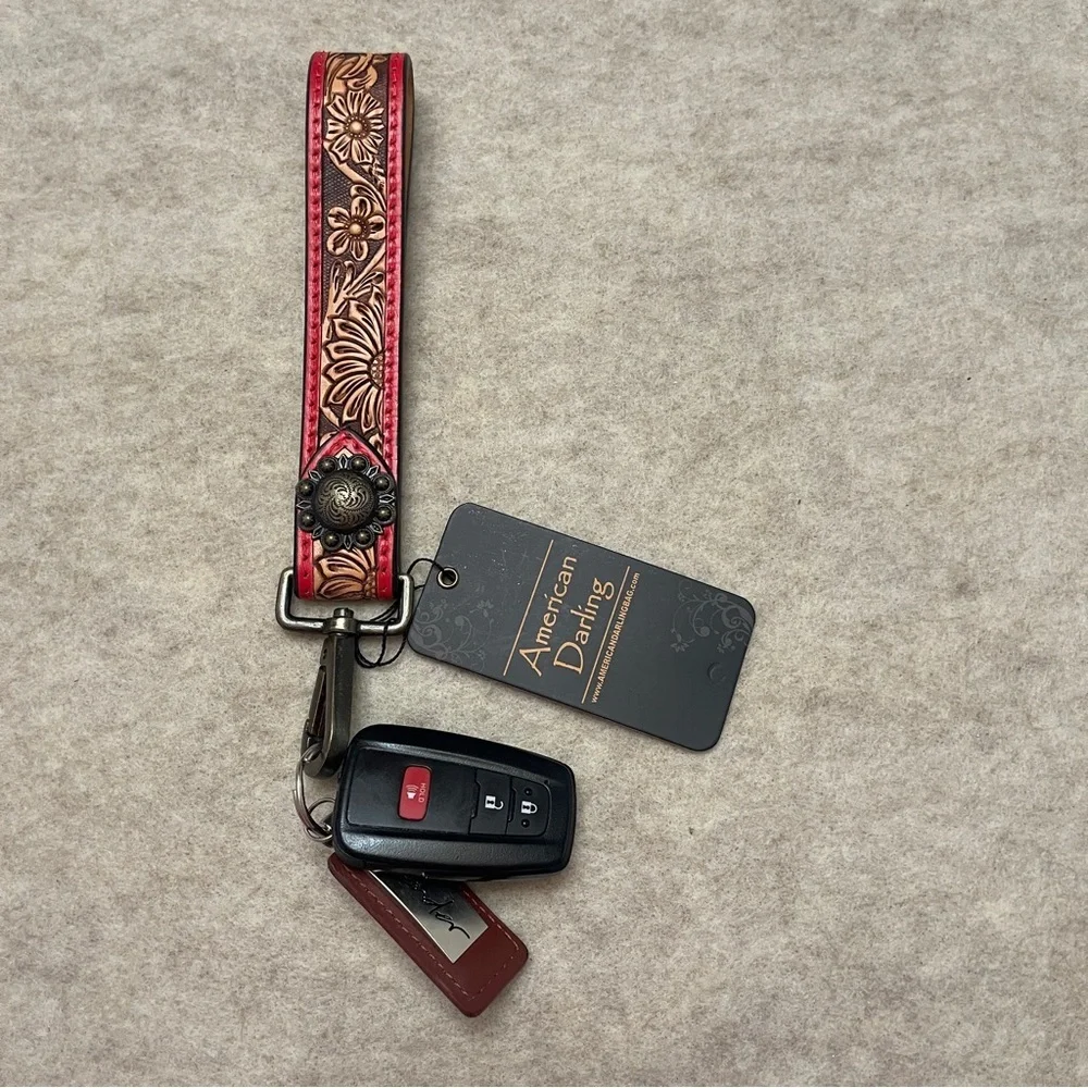 American Darling ADWSF103 Tooled Genuine Leather Keychain Wristlet Red Brown New